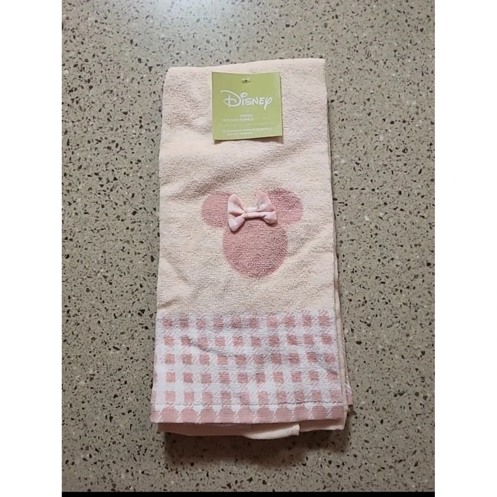 Disney Minnie Mouse Set Of 2 Kitchen Tea Towels Pink Peach White Gingham NWT